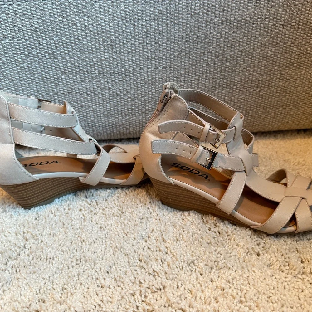 Soda Neutral Beige Strappy Wedge Sandals